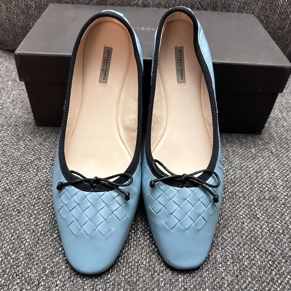Bottega Veneta Light Blue Woven Flats Authenticity Guarantee